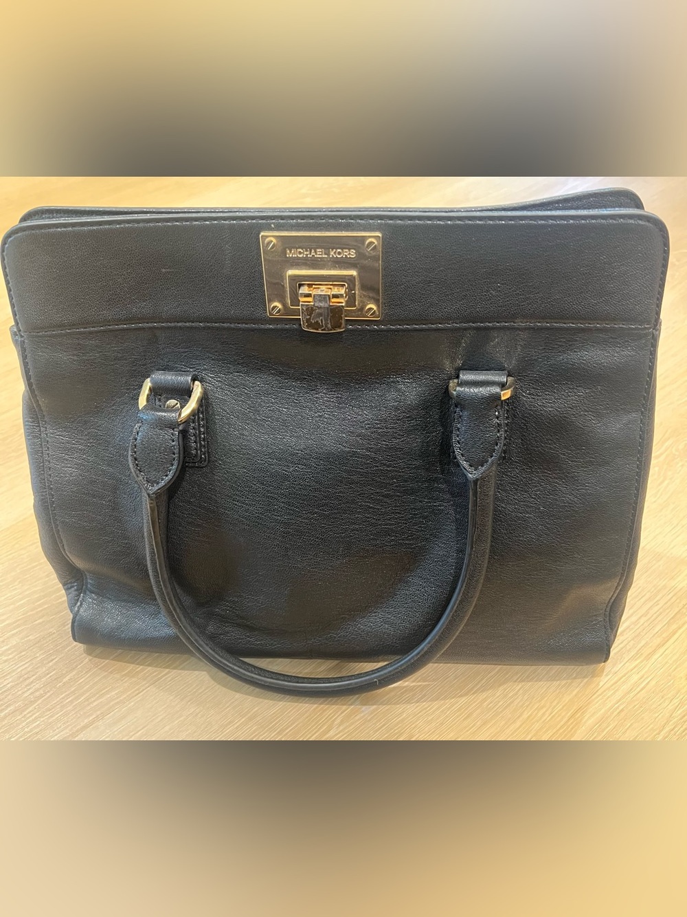 Michael Kors Black Leather Satchel with Gold-Tone Lock